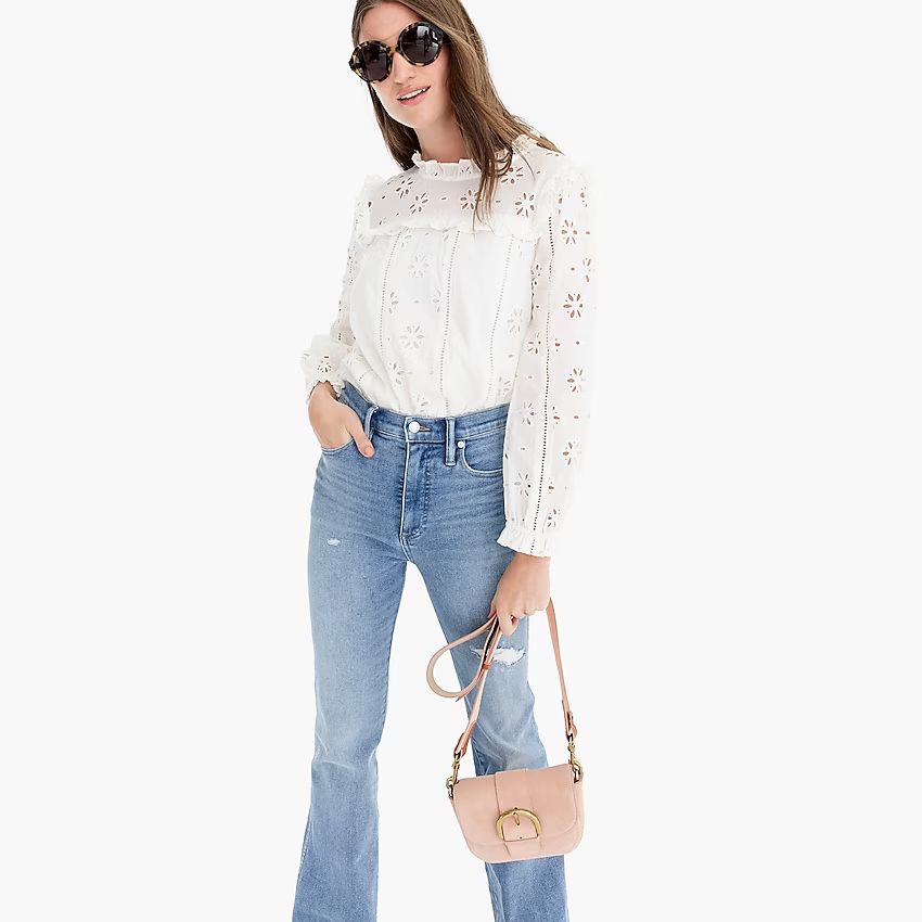 Long-sleeve ruffle-neck top in eyelet | J.Crew US