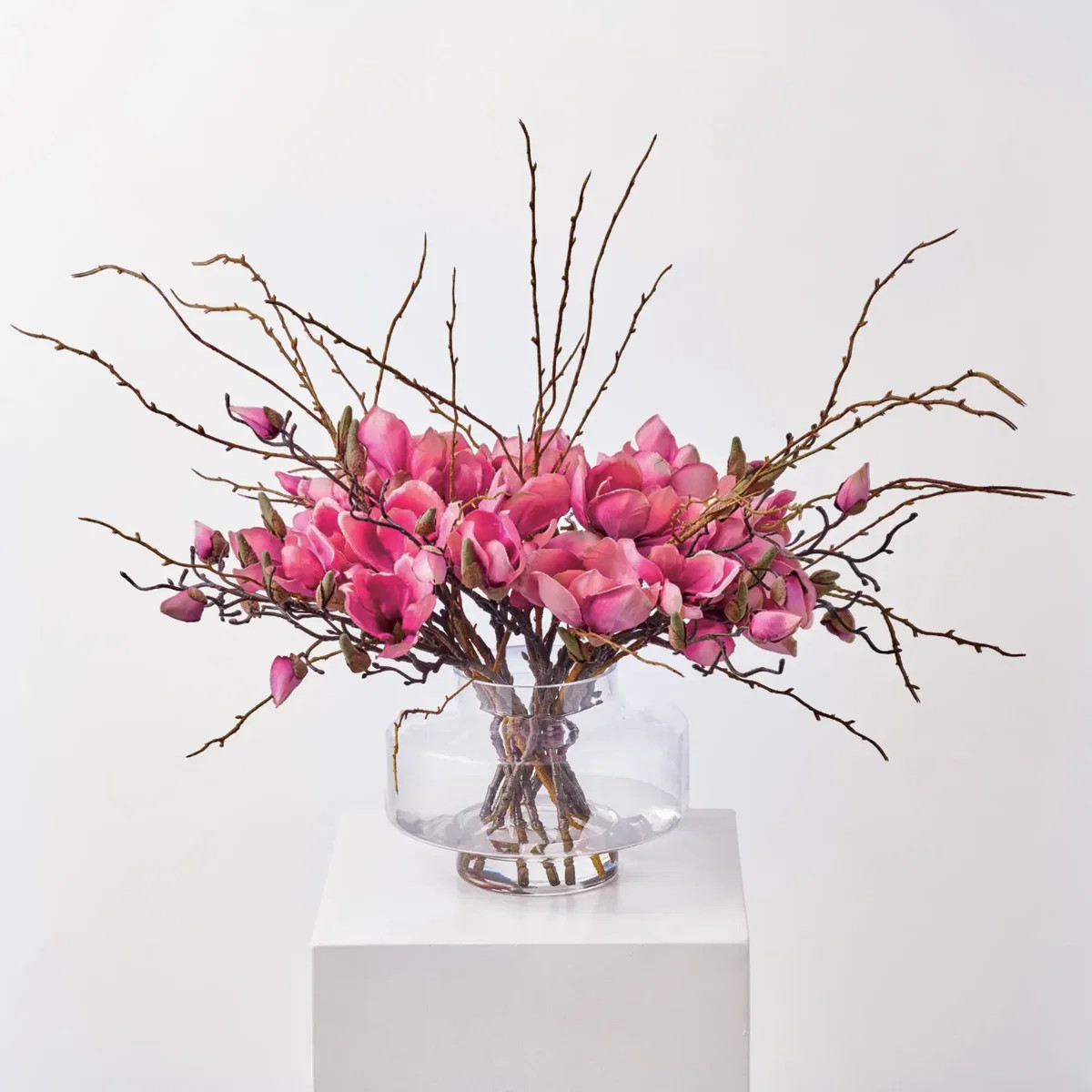 Fuchsia Magnolia Blooms & Branches In Large Modern Saucer Style Vase Everyday Spring Water Illusi... | Darby Creek Trading