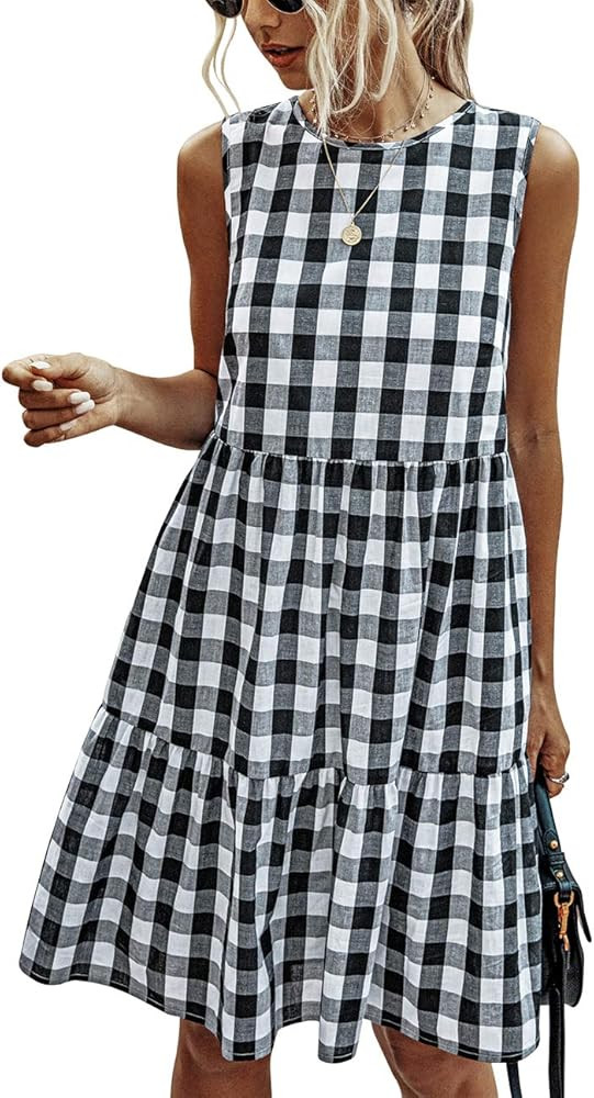PRETTYGARDEN Women's Casual Plaid Sleeveless Ruffle Sundress Round Neck A-Line Pleated Mini Short... | Amazon (US)