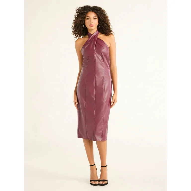Sofia Jeans Women's Faux Leather Halter Fitted A-Line Dress, Mid Calf Length, Sizes XS-XXL | Walmart (US)
