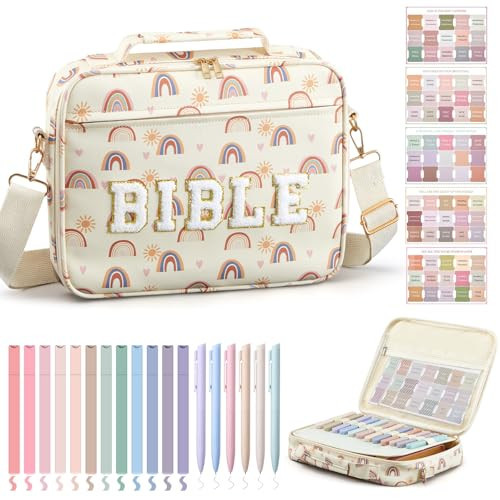 Large Bible Cover Case for Women, 12 x 9 x 2.5 Chenille Letter PU Leather Bible Cover with Bible Tabs 6 Colored Gel Pen 12 Highlighters Bible Case with Shoulder Strap for Study Bible Bag Gifts | Amazon (US)