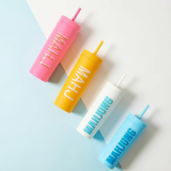 4 Pcs Mahjong Tumblers 16oz Plastic Mahjong Drinking Cups with Lid and Straw Mahj Lovers Gift for... | Amazon (US)