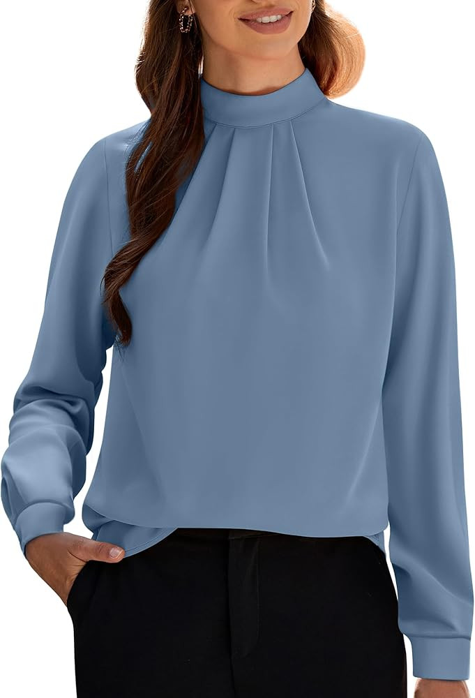 Funlingo Women's Long Sleeve Tops Dressy Casual Mock Neck Work Blouse Fall Trendy Front Pleated T... | Amazon (US)