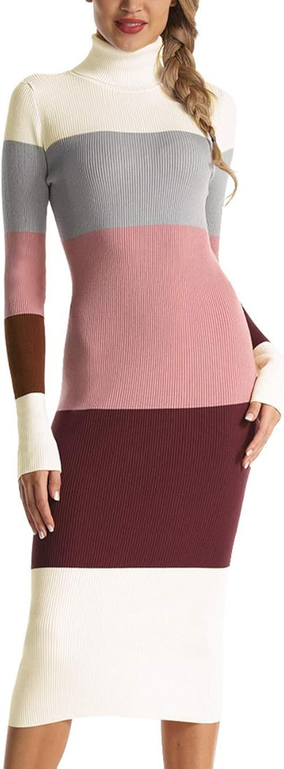 Rocorose Women's Turtleneck Ribbed Elbow Long Sleeve Knit Sweater Dress | Amazon (US)