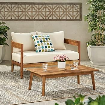 Christopher Knight Home Alina Outdoor Loveseat Set with Coffee Table, Teak Finish, Beige | Amazon (US)