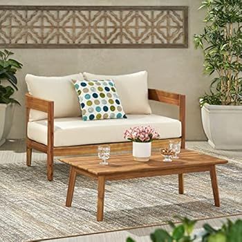 Christopher Knight Home Alina Outdoor Loveseat Set with Coffee Table, Teak Finish, Beige | Amazon (US)