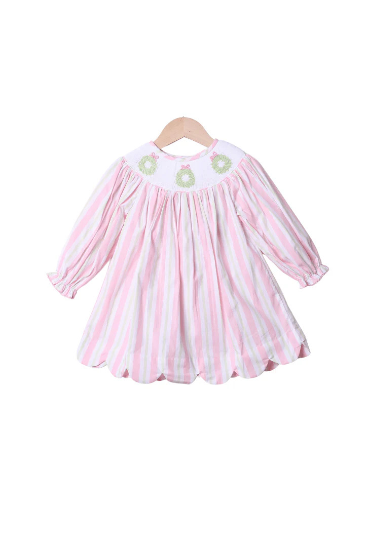Smocked Pearl Wreath Pink and Green Stripe Scallop Dress | The Smocked Flamingo