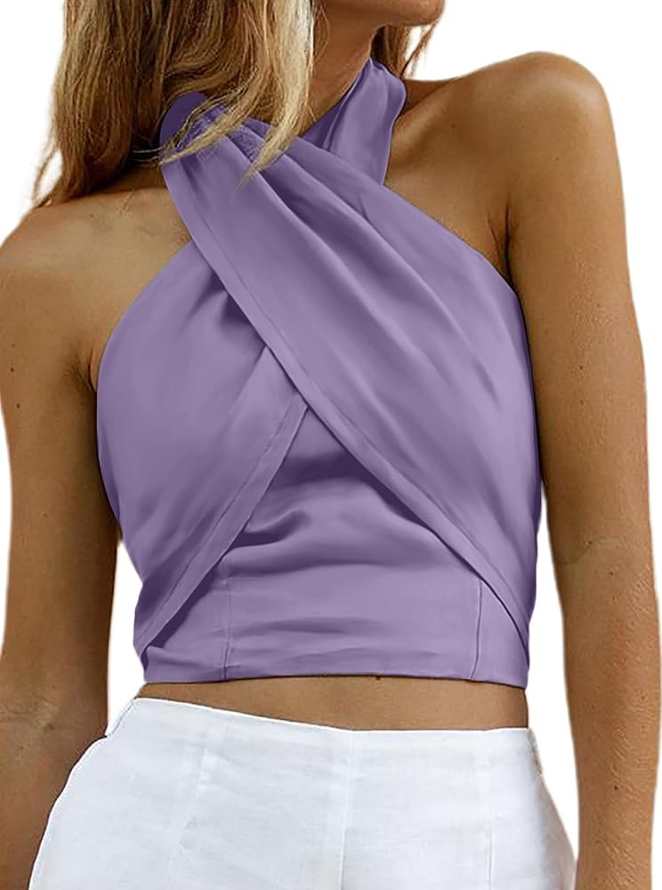 HYPERFIRE Women's Sexy Criss Cross Halter Sleeveless Wrap Front Backless Cami Crop Top Clubbing | Amazon (US)