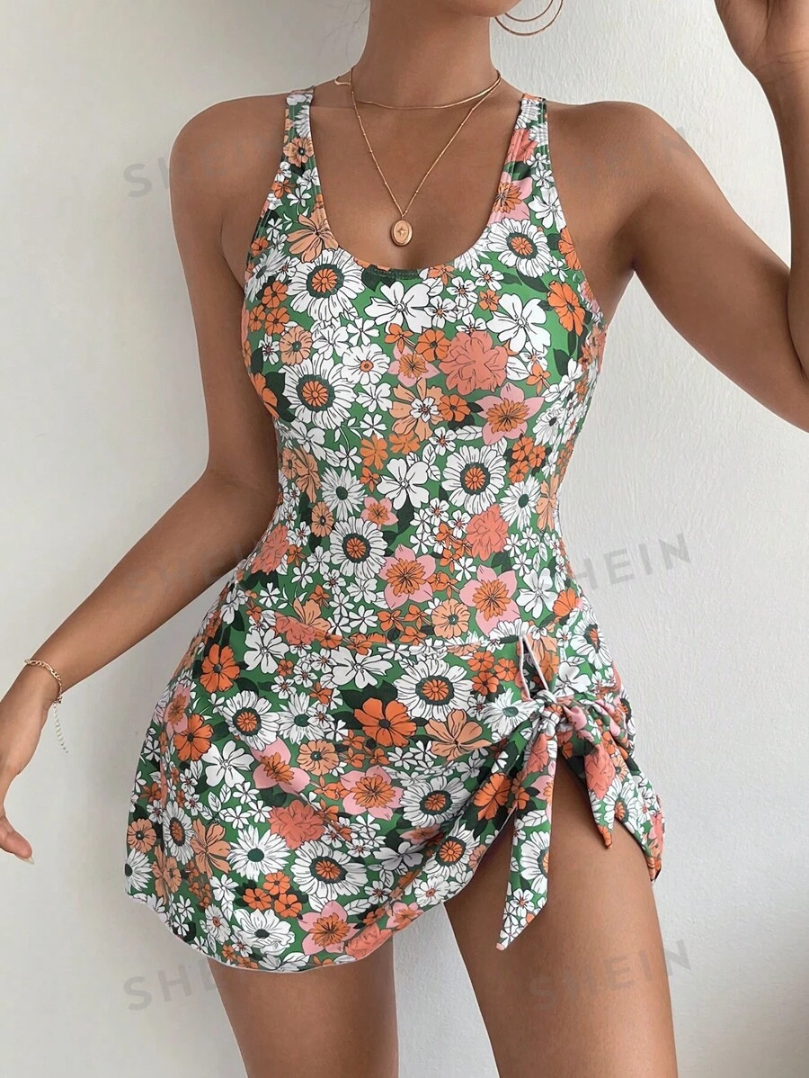 SHEIN Swim Summer Beach Floral Print Knot Side One Piece Swimsuit | SHEIN