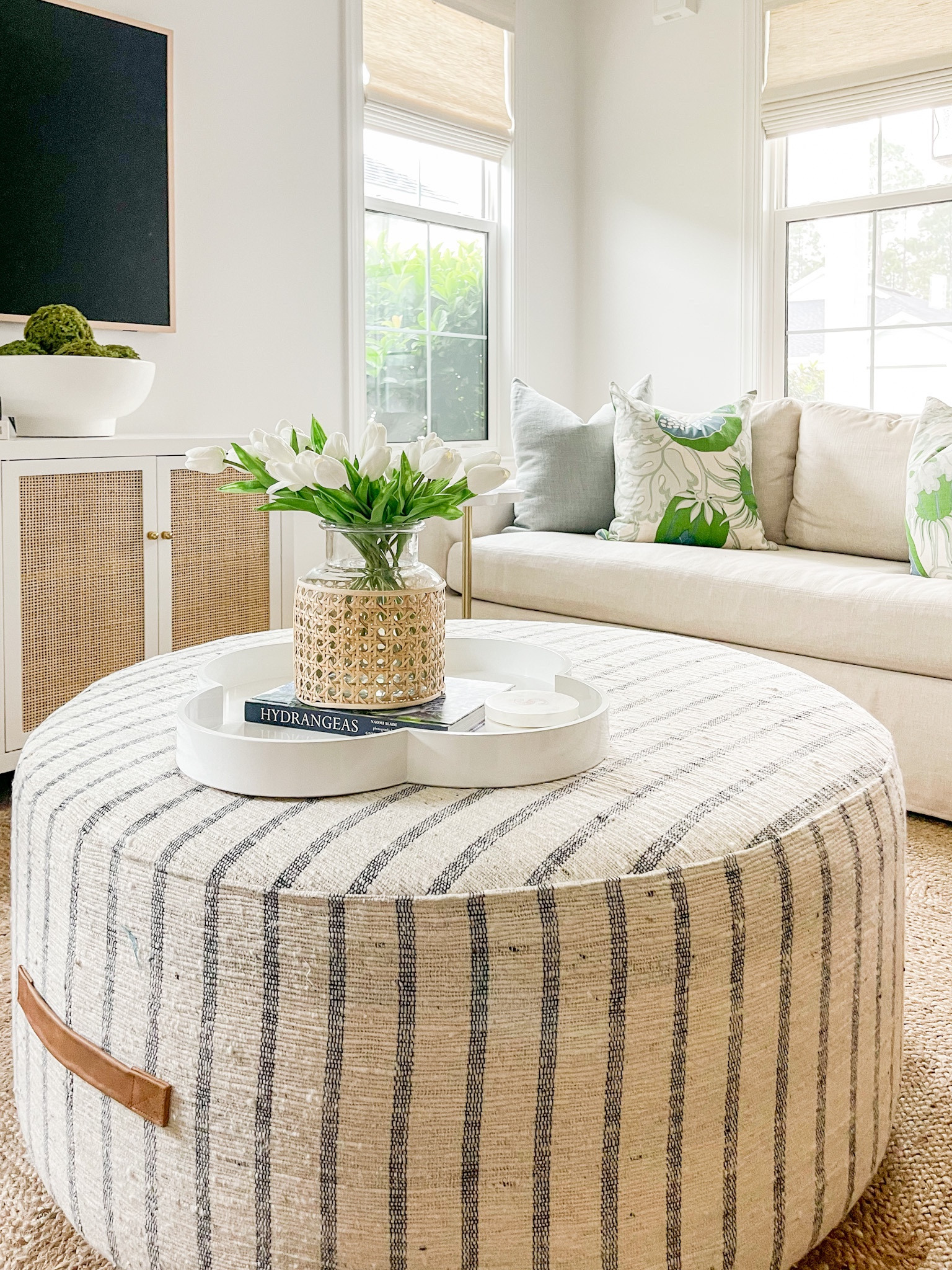 Striped round store ottoman