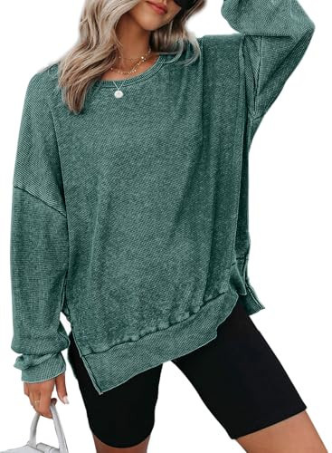 Dokotoo Womens Fashion Oversized Crewneck Sweatshirt for Women Loose Fit Waffle Knit Long Sleeve Shirt Side Slits Casual Pullover Hoodie Sweatshirts Tops Junior Fall Winter Clothing Green Medium | Amazon (US)