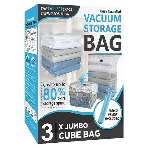 3 Pack Cube Vacuum Storage Bags, Jumbo Vacuum Cubes for Storage Vacuum Sealed, Extra Large Space Saver Vacuum Storage Bags for Bedding, Clothes, Comforters, Blanket, Duvets (Cube Sized) | Amazon (US)