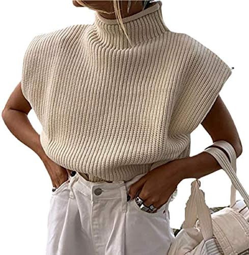 Luckinbaby Casual Women’s Knit Sweater Vest Turtleneck Sleeveless Knitted Tank Tops Shoulder Pads Fall Winter Knitwear Shirts | Amazon (US)
