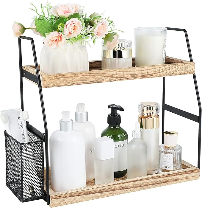 Bathroom Organizer Countertop, 2-Tier Standing Counter Shelf with Basket, Wood Tray for Kitchen V... | Amazon (US)