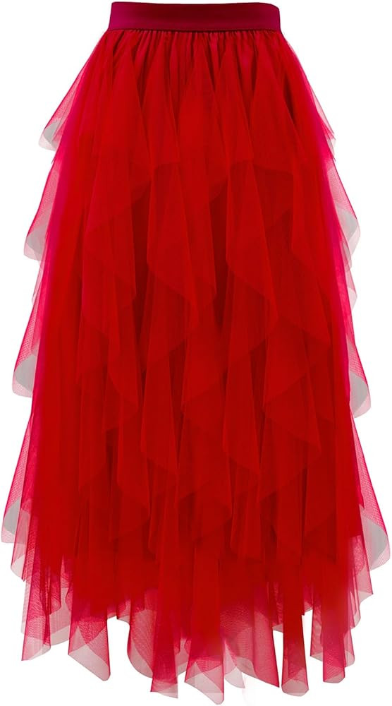 Tulle Skirts for Women A Line Fairy Tiered Skirt Midi Length High Elastic Waist Long Skirt | Amazon (US)