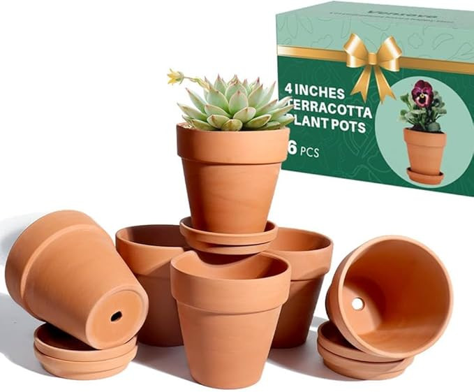 vensovo 10.16cm Terra Cotta Pots with Saucer - 6 Pack Clay Flower Pots with Drainage, Great for P... | Amazon (UK)