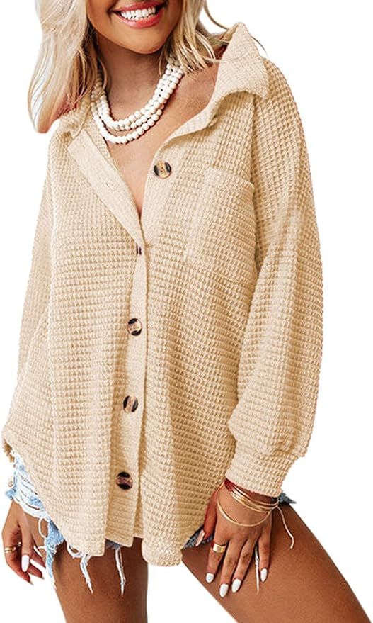 SHEWIN Womens Button Down Shirts Waffle Knit Shacket Jacket Long Sleeve Blouses Tops | Amazon (US)