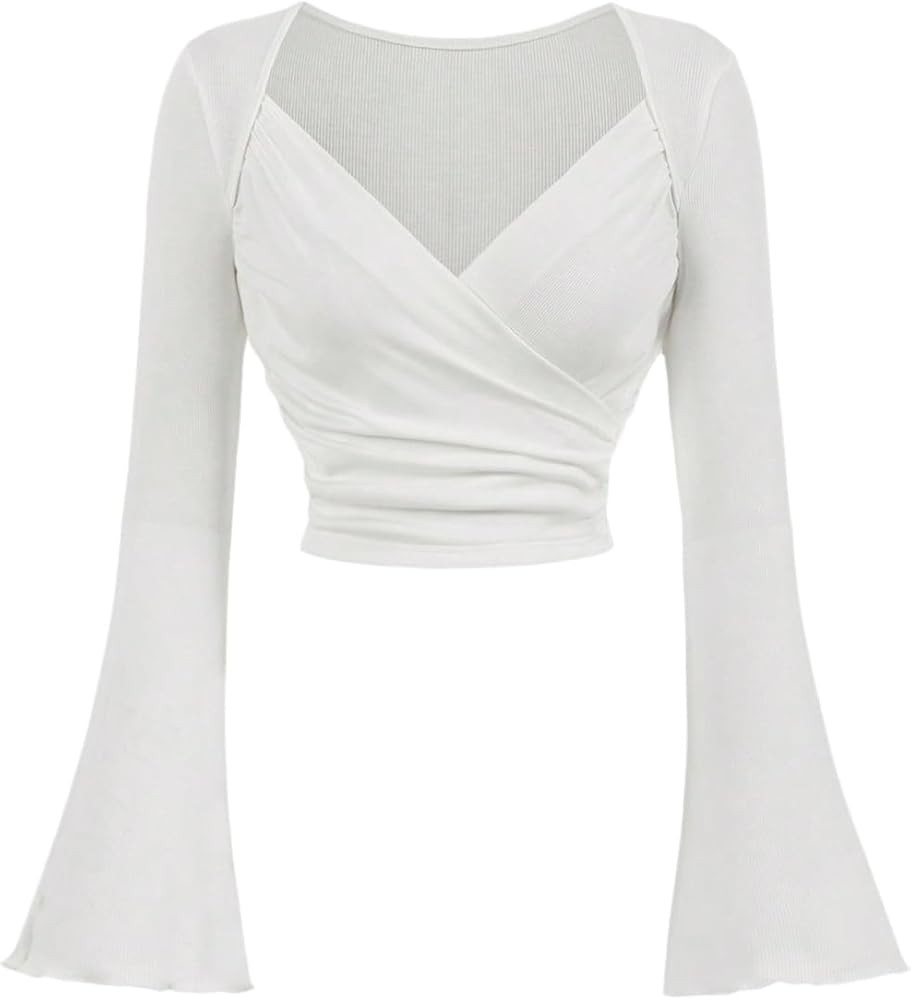 Floerns Women's Wrap Sweetheart Neck Bell Sleeve T Shirts Ruched Rib Knit Crop Tops | Amazon (US)