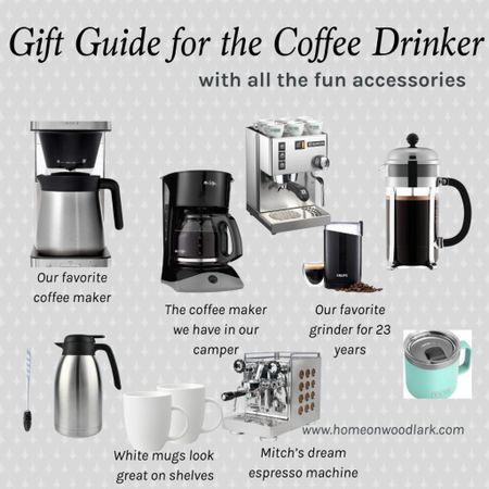 My husband chose most of these coffee items as he worked in specialty coffee for 16 years.  

I put our OXO coffeemaker and Krups grinder which I love.  

OXO Coffee maker.  Mr Coffee.  Krups coffee grinder.  French press.  Espresso machine.  Yeti cup.  Coffee carafe.  White coffee mugs.  

#LTKhome #LTKCyberWeek #LTKGiftGuide