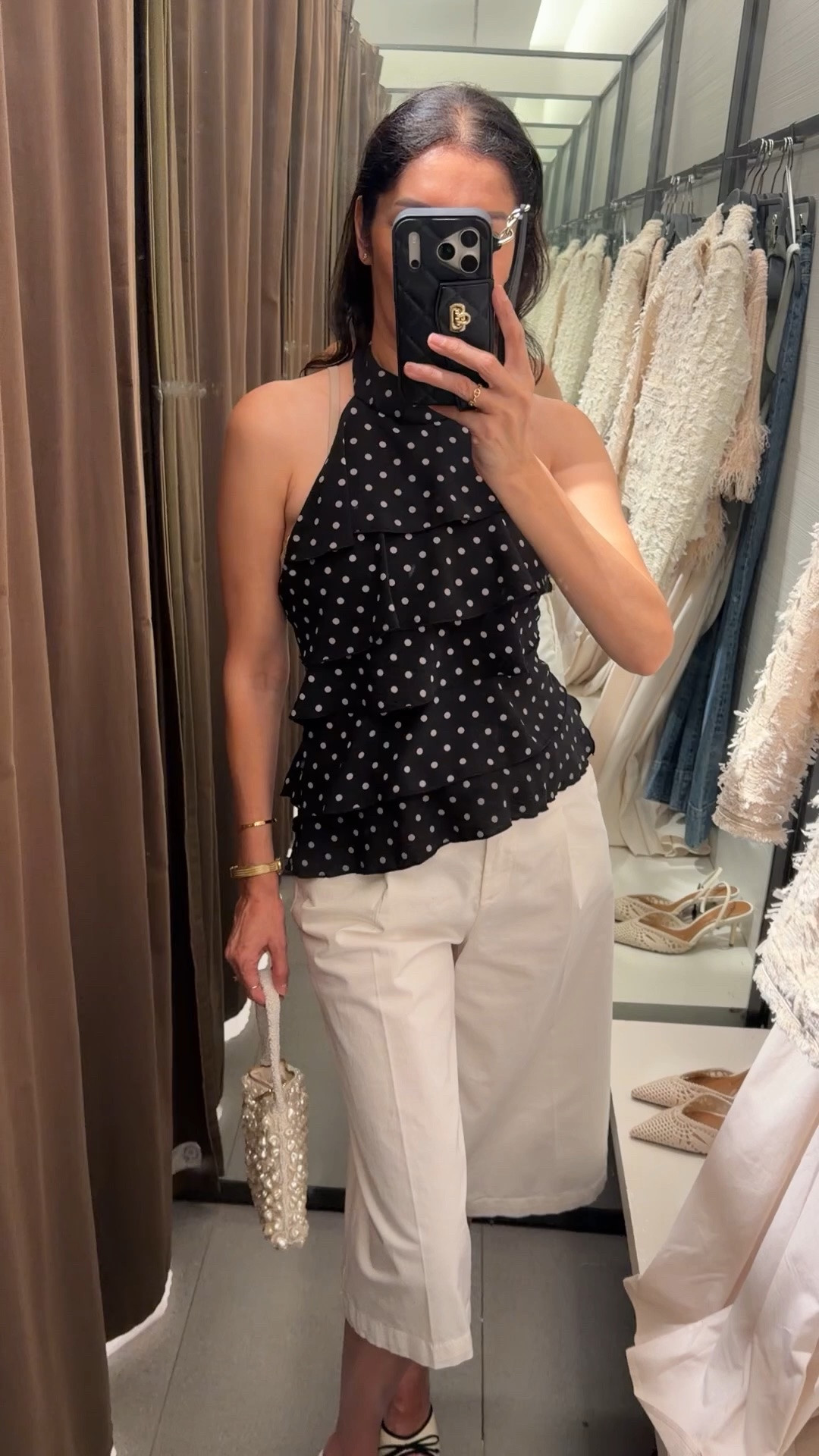 Zara Haul. 
Wearing this bermuda shorts that are truly a gem. I am pairing them with this polka dot black/white dot ruffle top that tights at the back.
I am wearing size S on shorts and S on the top.
.
The Shoes fit true to size, very comfortable.
.

➡️Here are my body measurements for your reference:
Bra: 32C (81 cm)
Waist:26" (66 cm)
Hips: 38" (96.5 cm)
Height: 5'7" (170 cm)
.
Zara haul, zara outfit, zara top, zara shorts, zara mules, zara bag. Zara review. Zara try on haul.

#LTKOver40 #LTKSeasonal