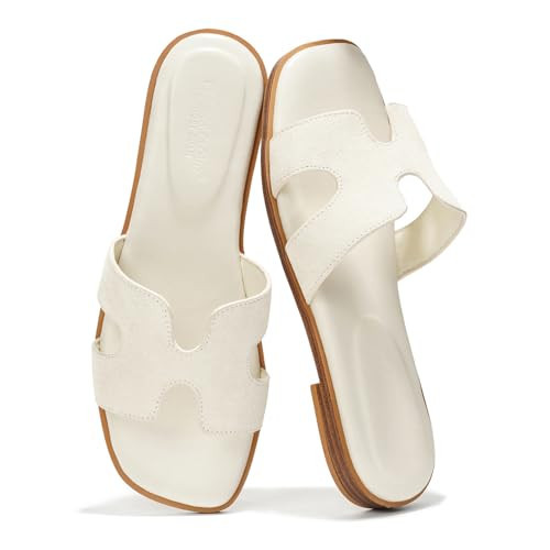 Project Cloud Genuine Leather Sandals for Women - Fashion Flat Womens Sandals with Memory Foam Insole Slides Sandals Women Footwear - Mules Women's Sandals (Jannel, Bone, 7) | Amazon (US)