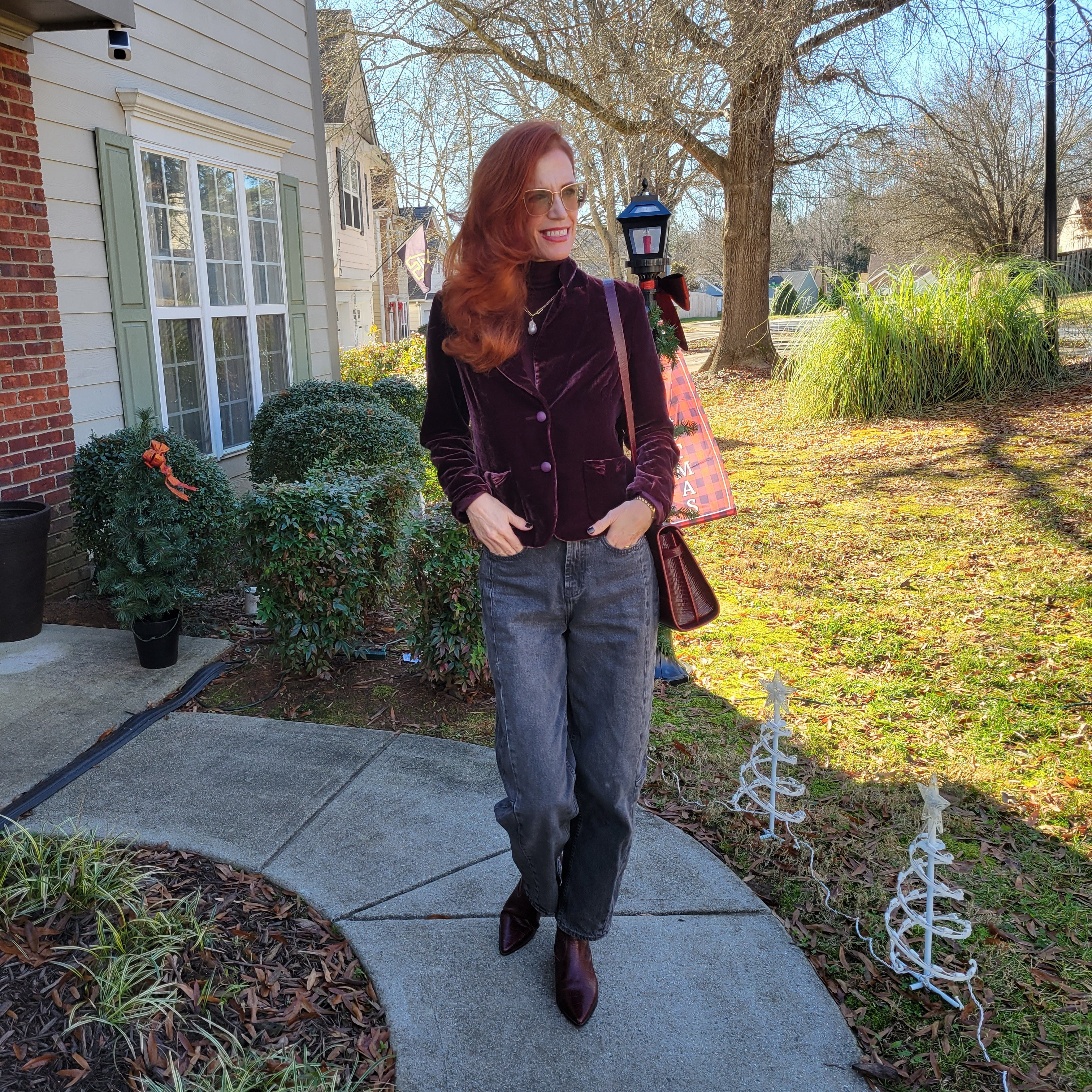 Velvet blazer thrifted. Size 4Burgundy turtleneck smallBlack wash ( grey) went down a size . Burgundy boots 8.5

#LTKSeasonal #LTKOver40 #LTKFindsUnder50