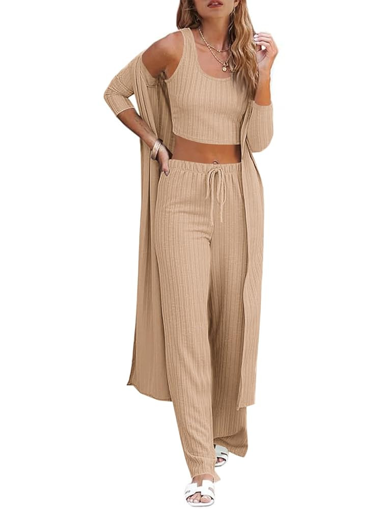 Fessceruna Womens 3 Piece Lounge Sets Pajamas Knit Long Sleeve Cardigan Crop Top Wide Leg Pants L... | Amazon (US)