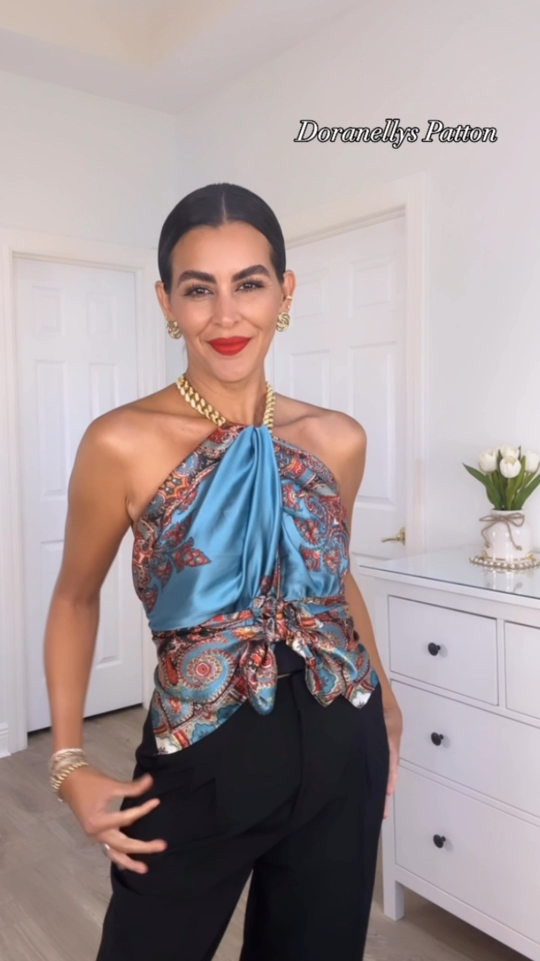 DIY top with a scarf! 
Bra runs small in the waist, size up. Wearing a size 36b, usually a size 34b.
Adding exact scarf . Necklace is 18”.
Earrings feel  lightweight.
Lipstick is feels so grand.
Size 4 in pants.

 I am 5’7” | 130 pounds 

#LTKU #LTKFindsUnder50 #LTKParties