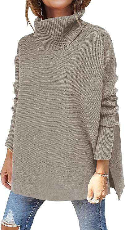 ANRABESS Women's Oversized Turtleneck Batwing Sleeve Spilt Casual Loose Knit Tunic Pullover Sweat... | Amazon (US)