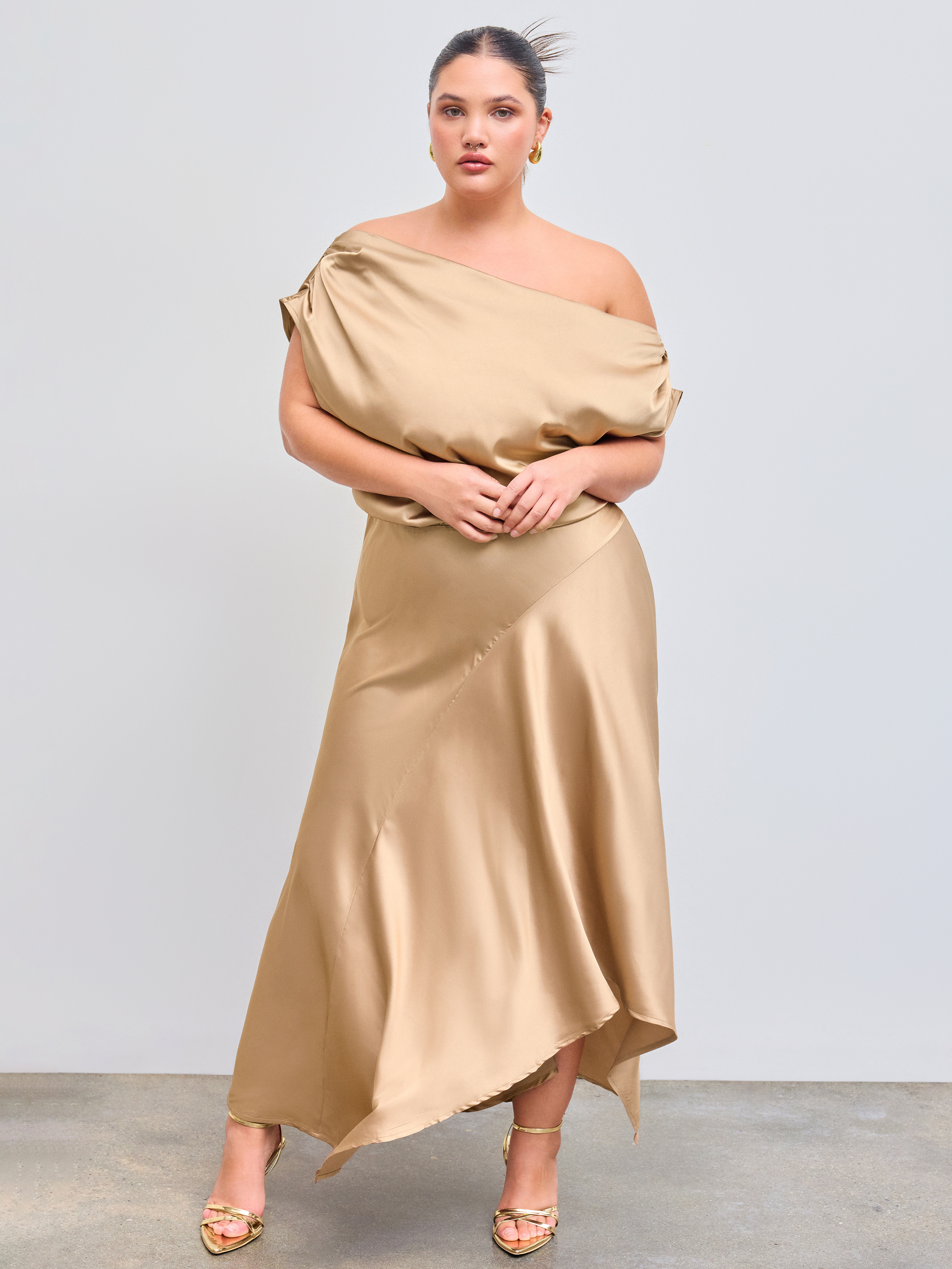 Satin Satin Asymmetrical Neck Ruffle Maxi Dress Curve & Plus For Wedding Date Coffee Shop | Cider