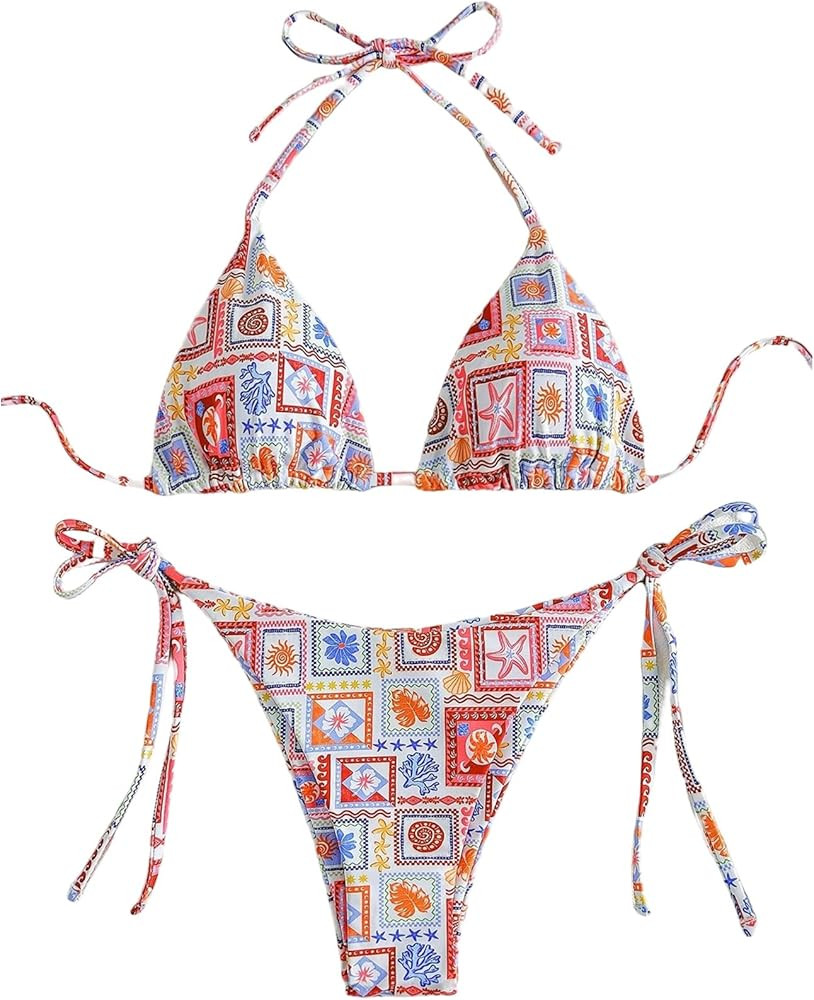 Women's 2 Piece Boho Bikini Sets Tropical Graphic String Bathing Suit Swimsuit | Amazon (US)