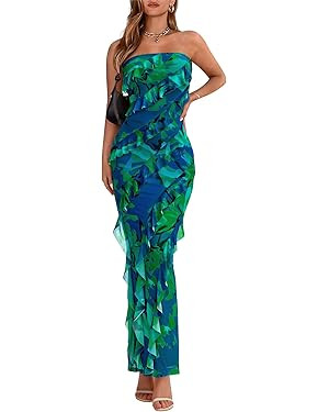 BTFBM Spring Dresses for Women 2026 Strapless Maxi Ruched Bodycon Floral Ruffle Cocktail Formal W... | Amazon (US)