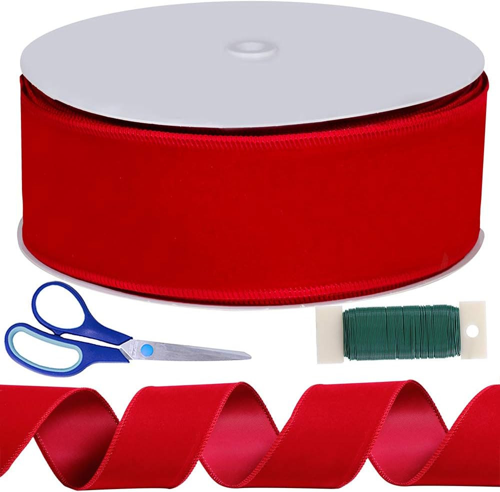 Winlyn 50 Yards Christmas Red Velvet Wired Ribbon 2-1/2" Wide Large Xmas Ribbon Trim Gift Wrappin... | Amazon (US)