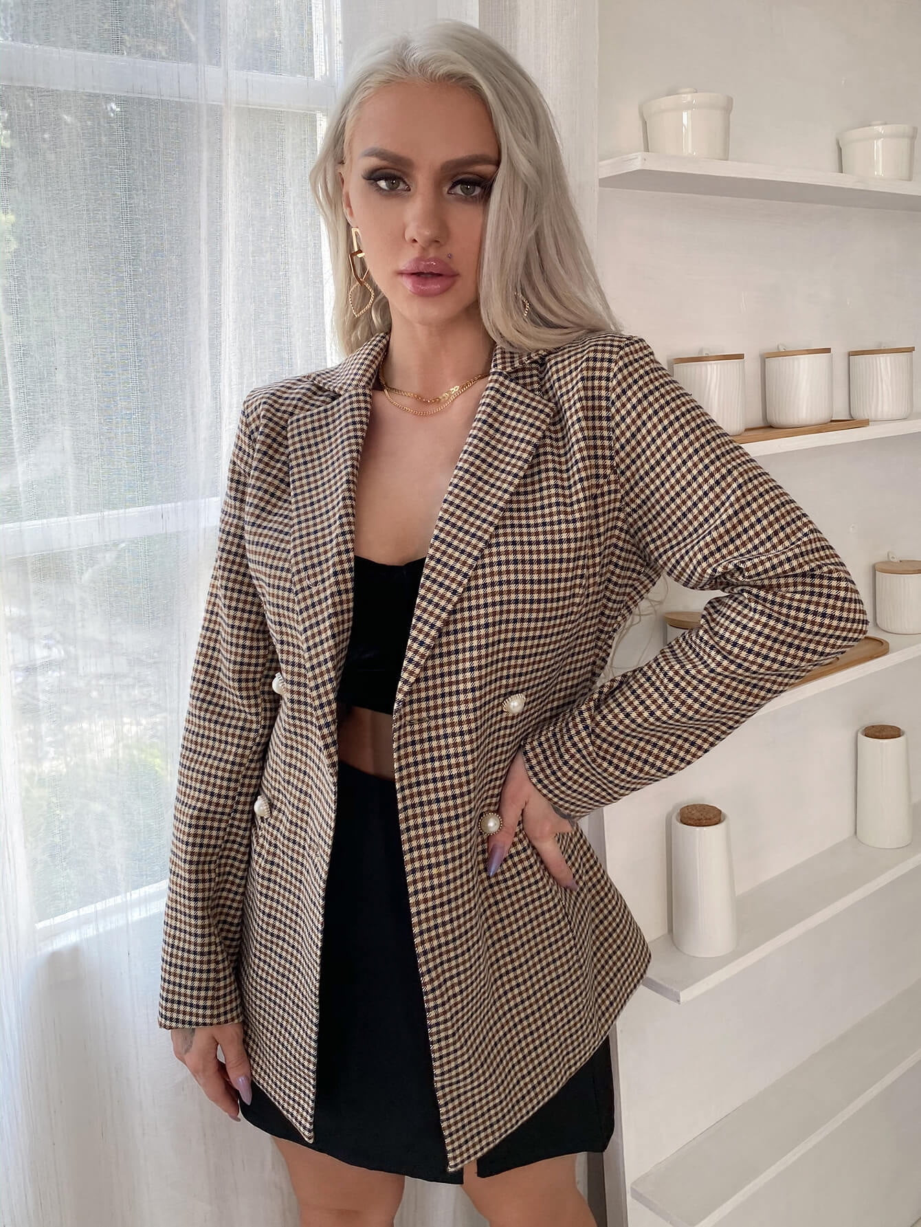 Plaid Double-Breasted Blazer ( Color:Brown; Size:XS;) | Walmart (US)