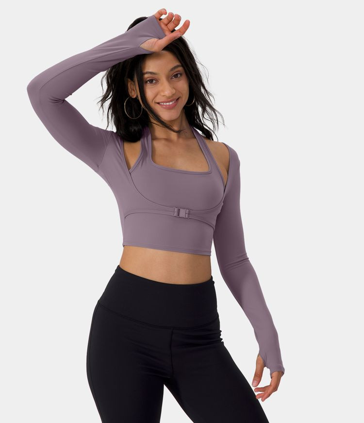Cloudful™ Fabric Halter Thumb Hole Long Sleeve Cropped 2-in-1 Yoga Sports Top | HALARA