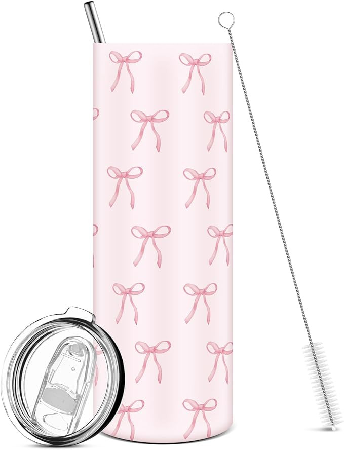 Skylety Pink Bow Tumbler with Lid and Straw, 20 oz Coquette Bow Stainless Steel Drinking Cup for ... | Amazon (US)