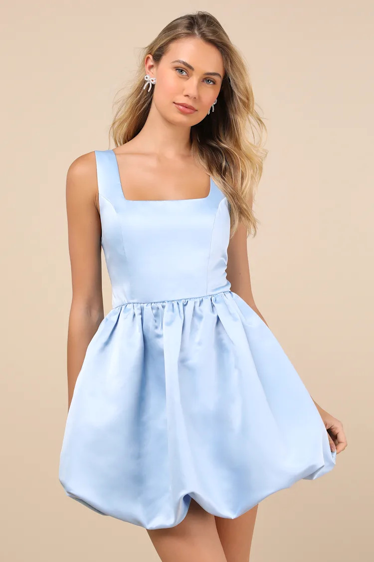 Regal Cutie Light Blue Satin Square Neck Bubble-Hem Mini Dress | Lulus