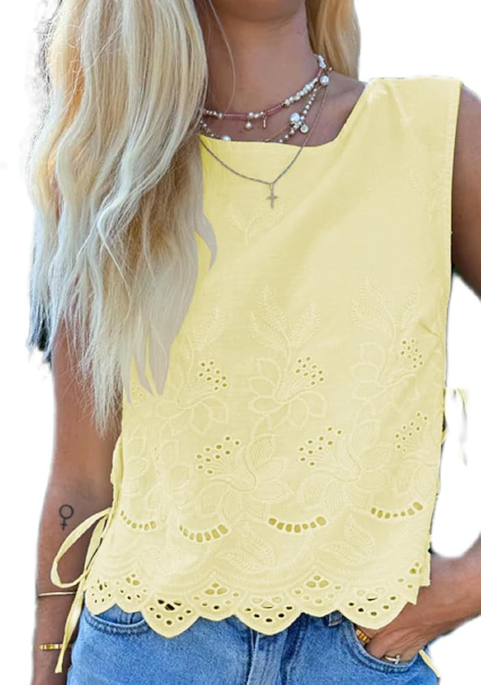 Side Tie Tops for Women Y2K Cute Floral Embroidered Crop Tank Top Trendy Going Out Summer Vest To... | Amazon (US)