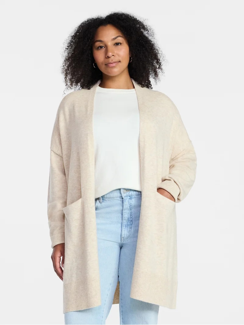 Time and Tru Women's Long Open Front Cardigan Sweater with Long Sleeves, Sizes XS-XXXL | Walmart (US)