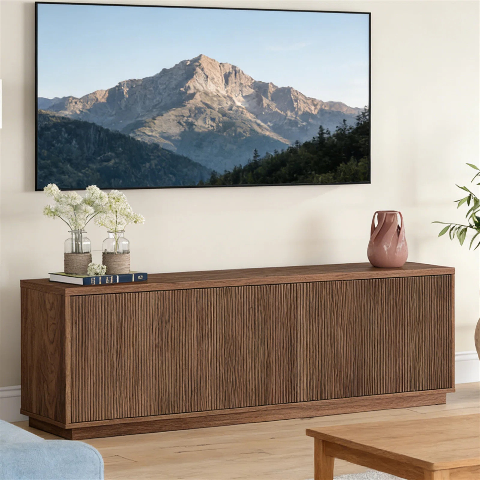 Flute TV Stand, Equipped With 2 Hidden Ribbed Storage Cabinets And Adjustable Shelves, Suitable F... | Wayfair North America