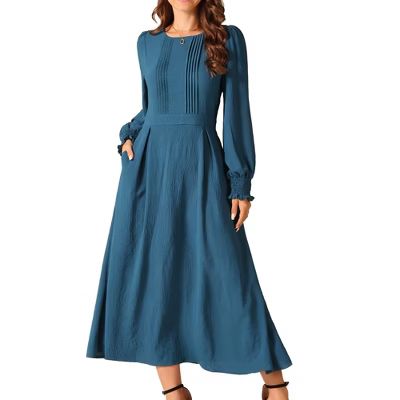 Seta T Women's Elegant Frilled Crewneck Midi Long Sleeve Pleated A-Line Flowy Dress with Pockets | Target