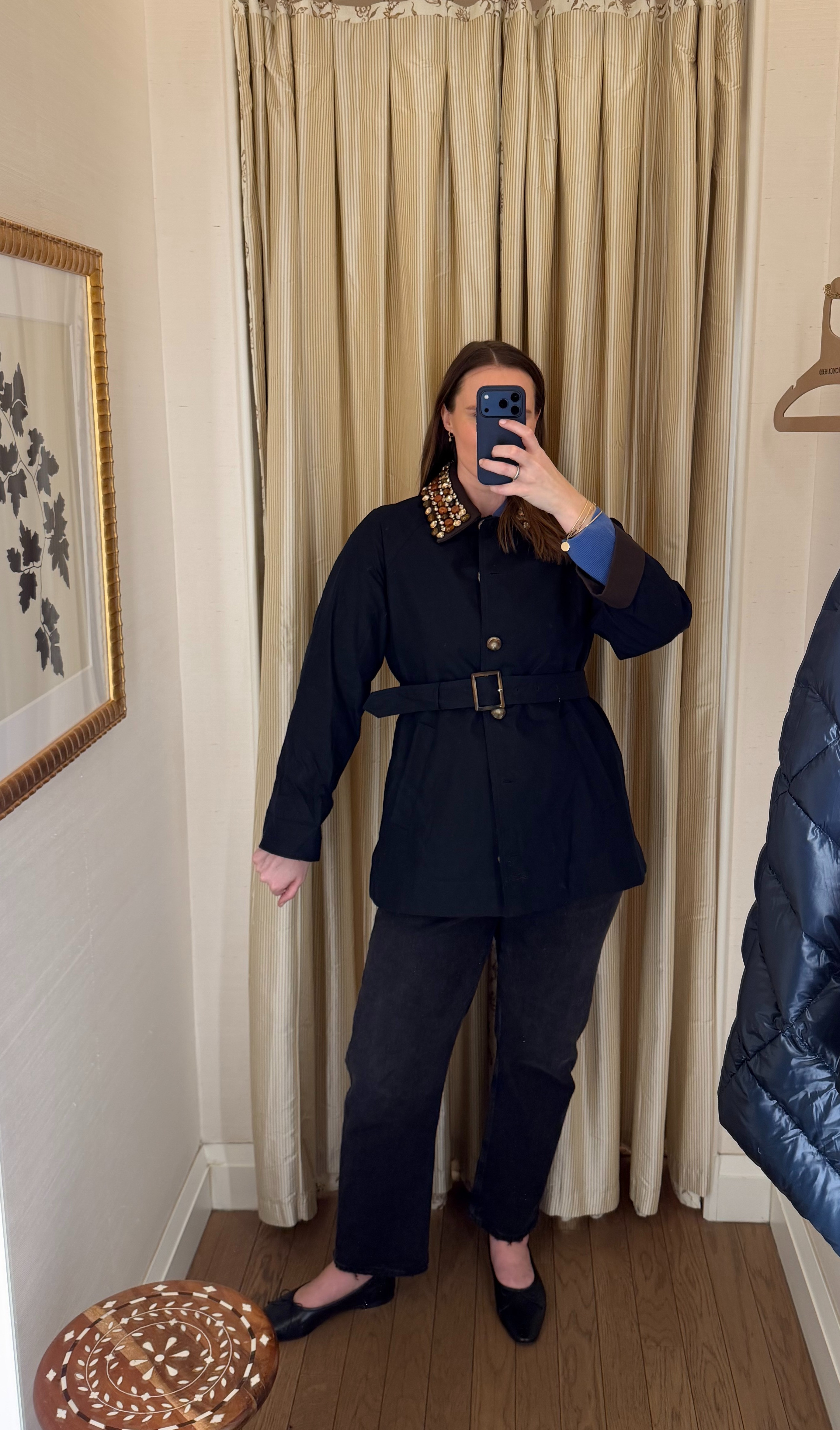 Trying on the Langham Dickey Coat in Navy from Veronica Beard. I am in a size Large (Im usually a XL) - the large works but I think I would buy my true size. Such a fun statement coat with the jeweled collar (that is removable!)  

 #LTKSeasonal #LTKMidsize #LTKTall