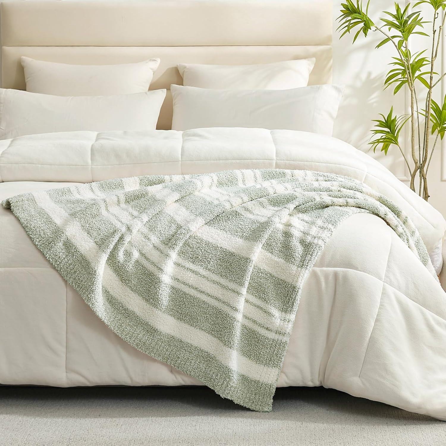 Snuggle Sac Stripe Sage Green Throw Blanket for Couch, Super Soft Warm Blankets Cozy Knit Fuzzy P... | Amazon (US)