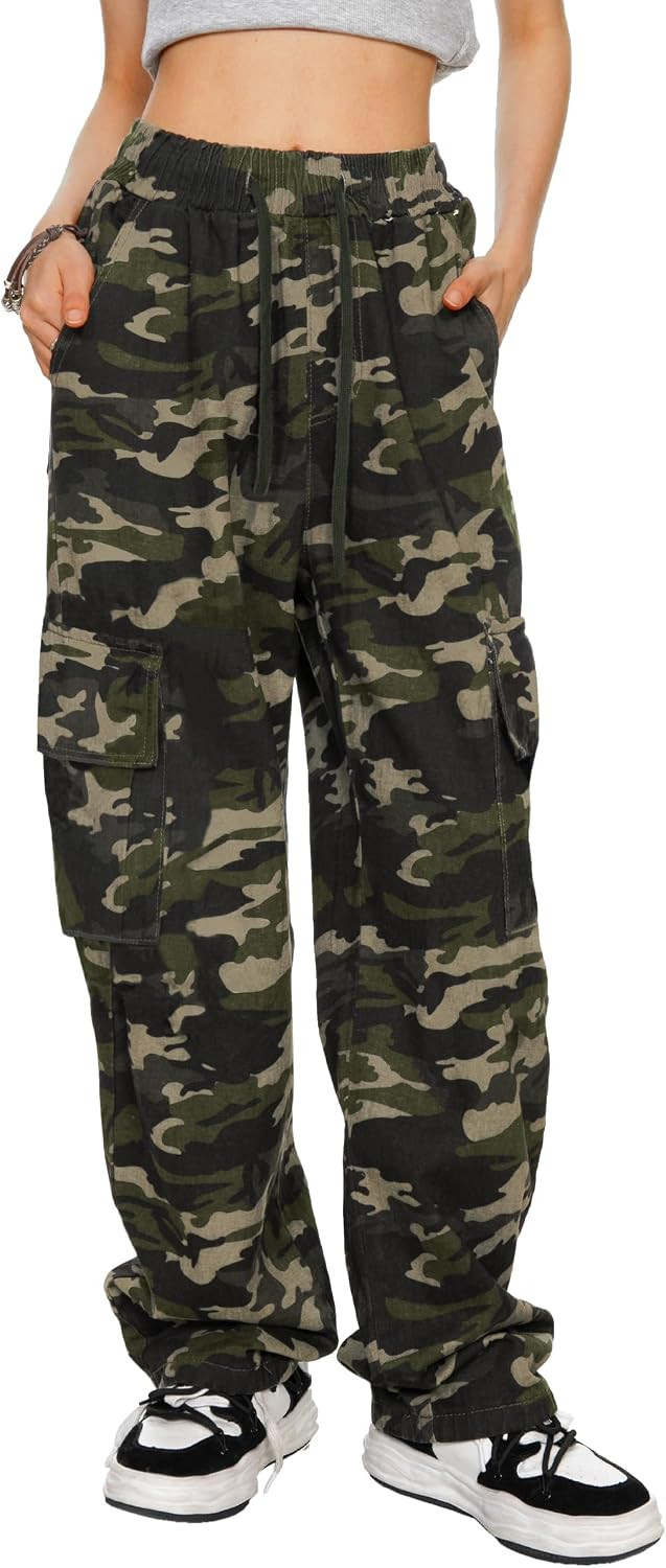 HVEPUO Camo Pants Women High Waisted Wide Leg Casual Camoflage Cargo Pants | Amazon (US)