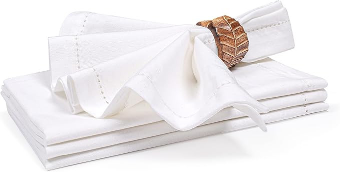 Ramanta Home Decorative Cloth Dinner Napkins Set of 4, 20x20 Inch White Hemstitched Flax Cotton N... | Amazon (US)