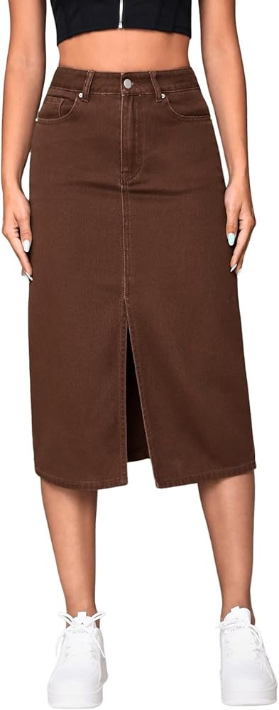SweatyRocks Women's Casual High Rise Zip Up Denim Skirt Split Front Midi Jean Skirt with Pocket | Amazon (US)