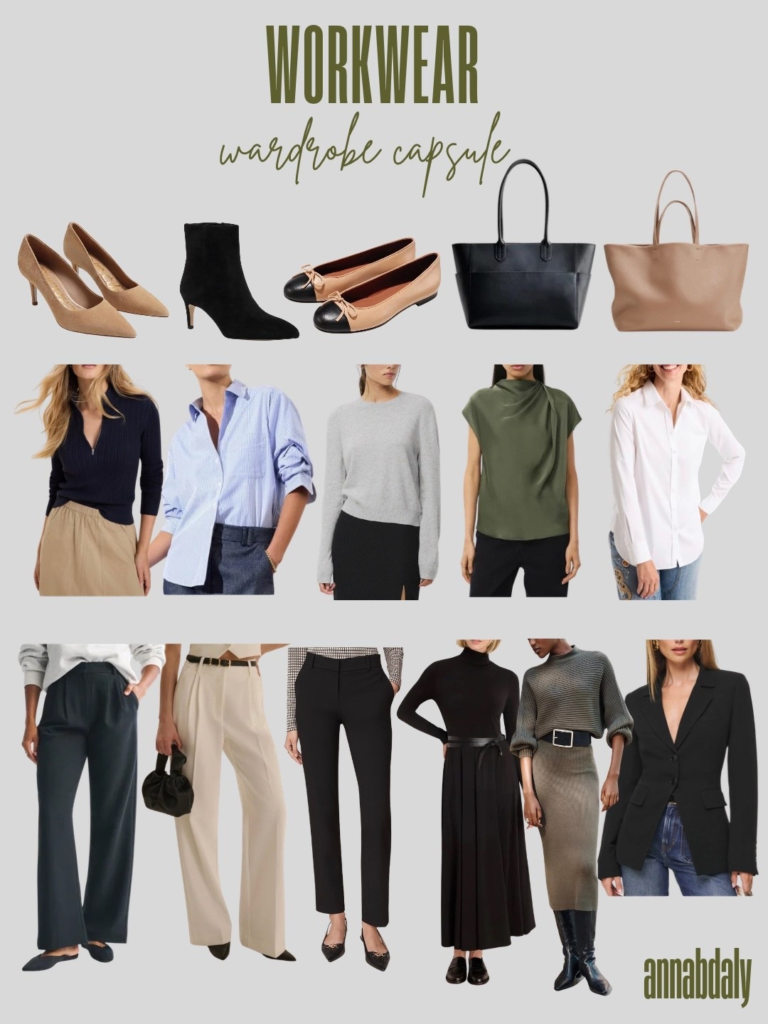Workwear capsule, done ✔️ A mix of my tried-and-true favorites and a few pieces I've had my eye on. Everything is linked in the same order as the graphic, so it's easy to shop! Truly can't go wrong with any of these 🤎