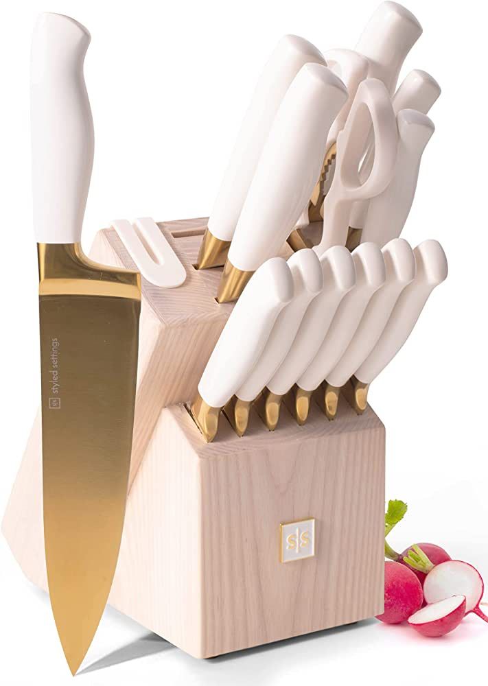 White and Gold Knife Set with Block Self Sharpening - 14 Piece Luxurious Titanium Coated Gold and... | Amazon (US)