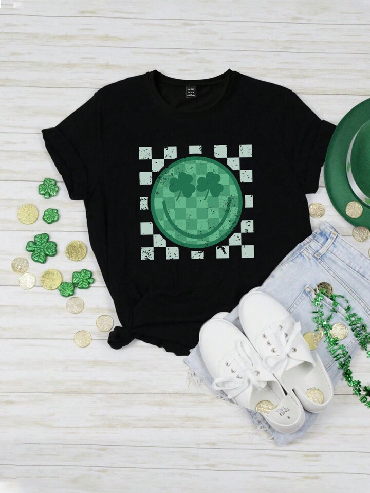 1pc Women's Checkerboard Smile Face & Clover Designed Print Short Sleeve T-Shirt For Summer | SHEIN