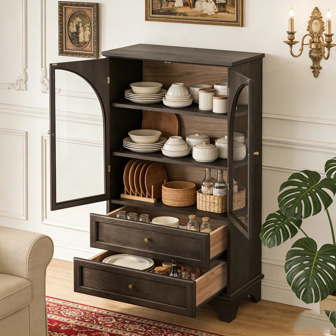 52.17"H Glass Door Display Case Storage Cabinet with 2 Drawers and Adjustable Shelf, Spacious Sto... | Wayfair North America